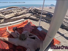 Outdoor exhibitionist teacher amateur MILF handjob big cock on public nude beach in front of voyeur with cum P2 - MissCreamy