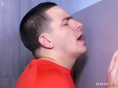 diamond foxxx throat fucks the cock through the hole in the toilet wall